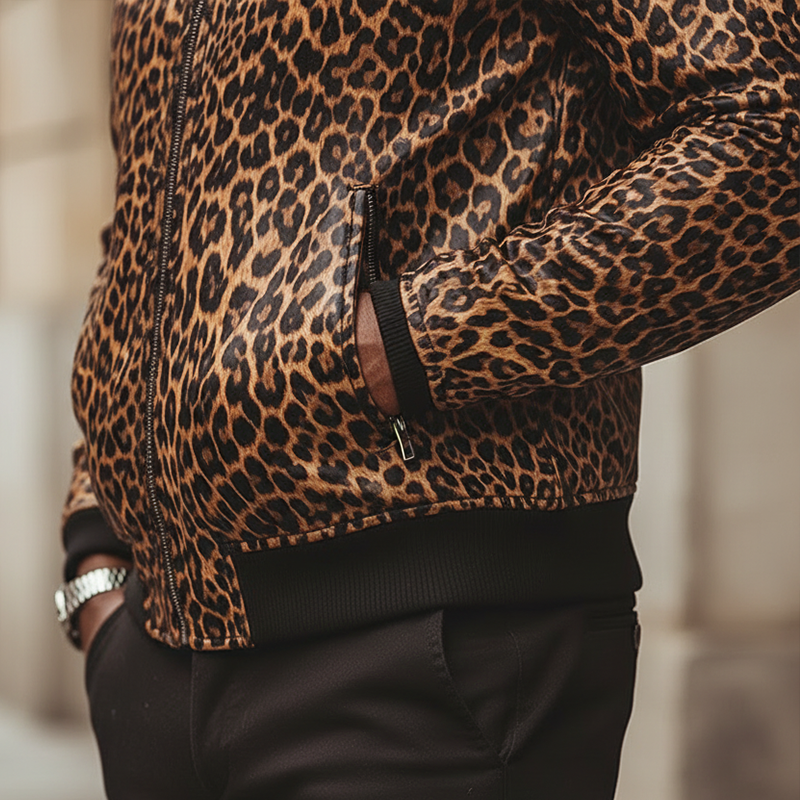 Men's Winter Retro Leopard Print Faux Leather Zip-Up Jacket MTA1053L7P
