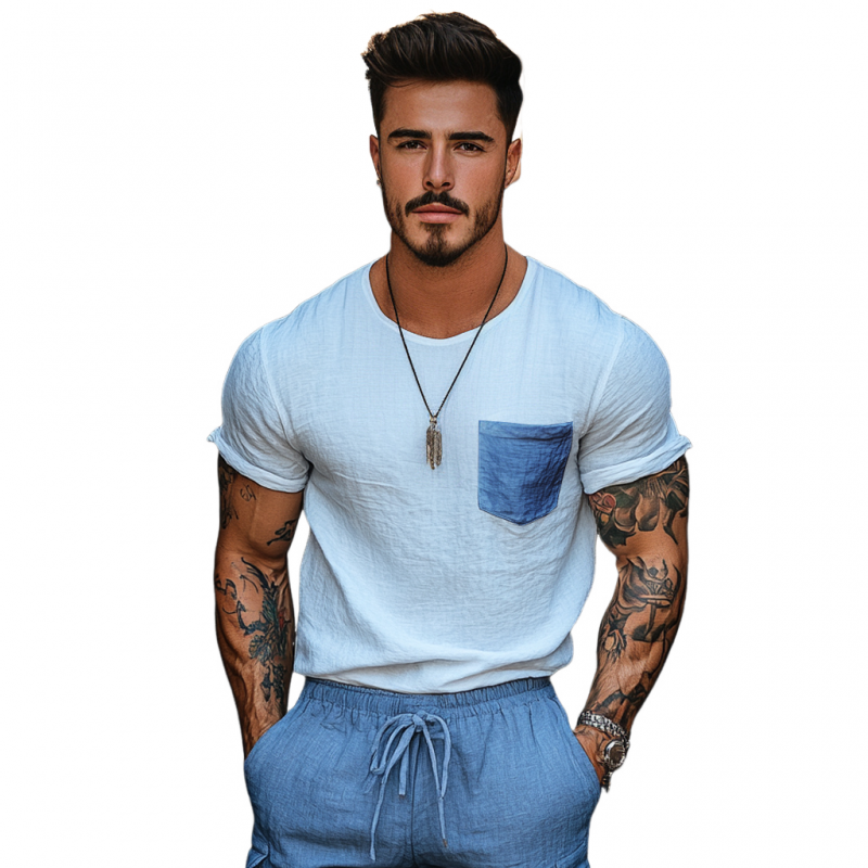 Men's Casual Cotton Linen Round Neck Colorblock Patch Pocket Loose Short Sleeve T-shirt MTA1533E1M