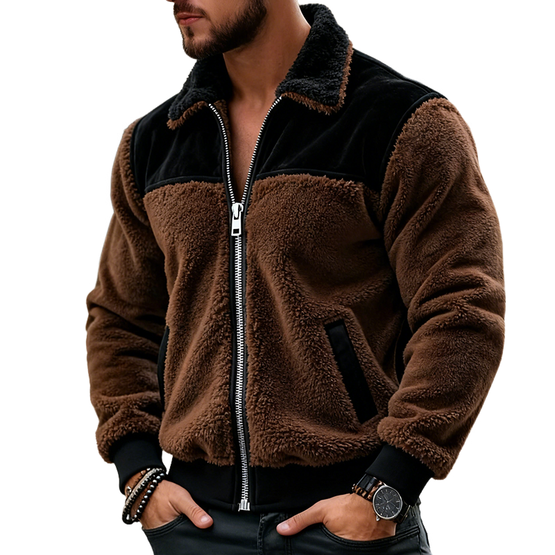 Men's Retro Casual Plush Colorblock Zipper Lapel Jacket MTA2493J2TO