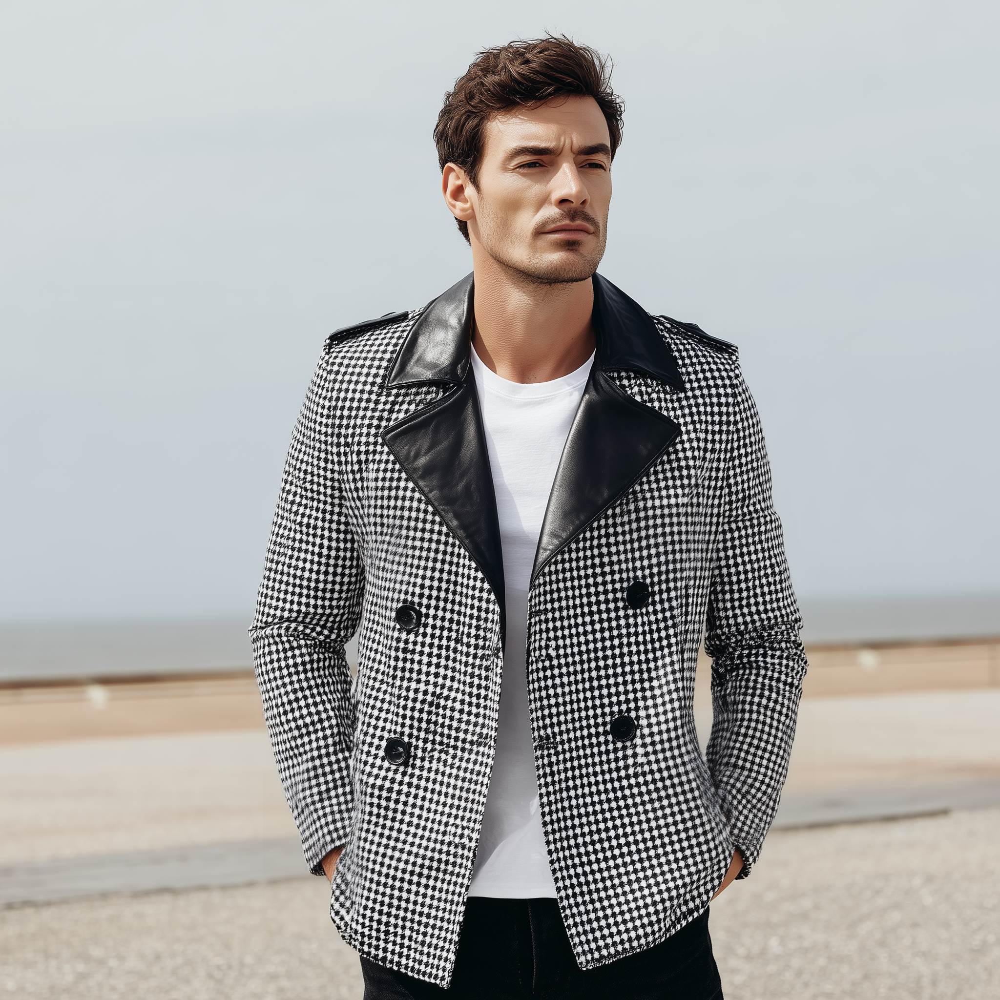 Men's Classic Casual Lapel PU Leather Double-breasted Houndstooth Fabric Jacket MTA0184I5K