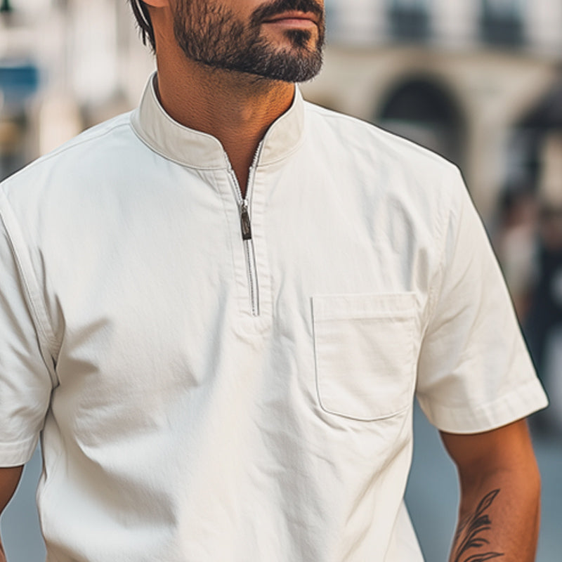 Men's Summer Classic Solid Color Stand Collar Half Zip Short Sleeve T-Shirt MTA2473E8U