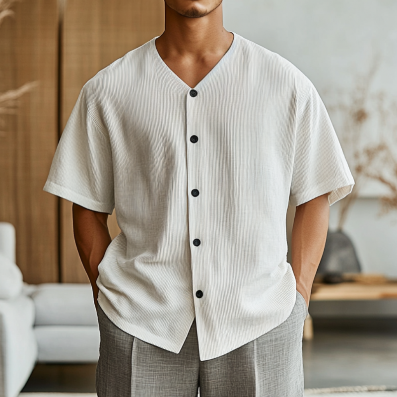 Men's Casual Cotton Blended Stripe V-Neck Single-Breasted Loose Short-Sleeved Shirt MTA2937D6M