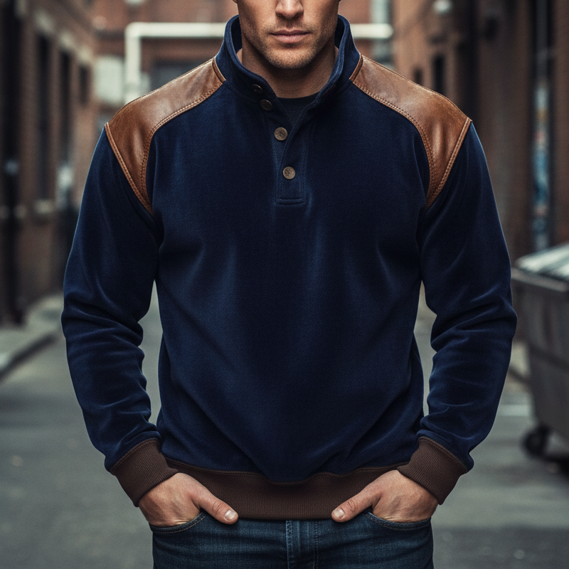 Men's Urban Velvet Patchwork PU Leather Stand Collar Sweatshirt MTA1718K3U