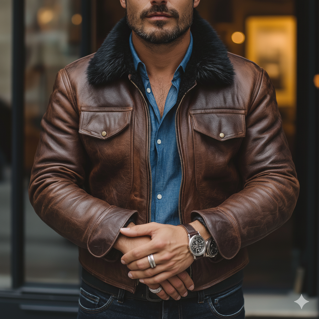 Men's Winter Retro Faux Leather Faux Fur Collar Zipper Jacket MTA2660K1P