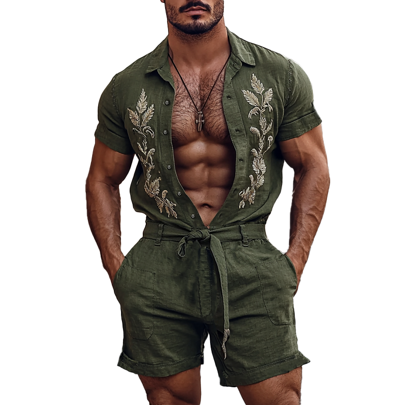 Men's Embroidered Lapel Short Sleeve Single Breasted Belt Shorts Jumpsuit MTA2307F8Y