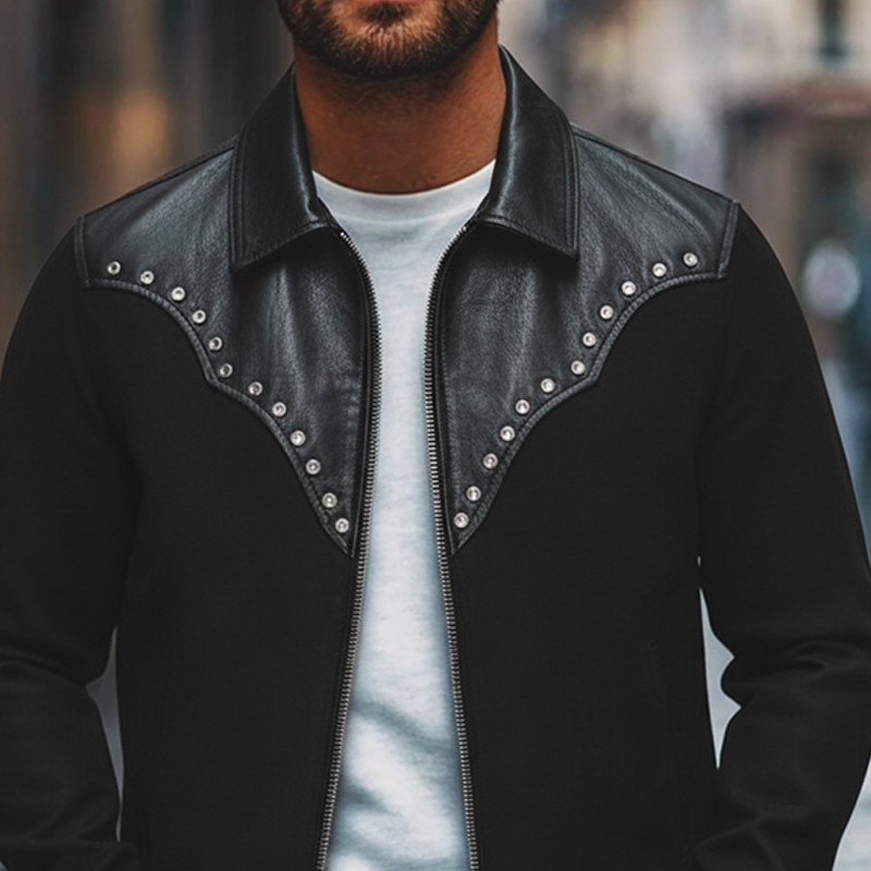 Men's Western Cowboy Style PU Stitching Faux Woolen Lapel Zipper Jacket MTA1498J6X