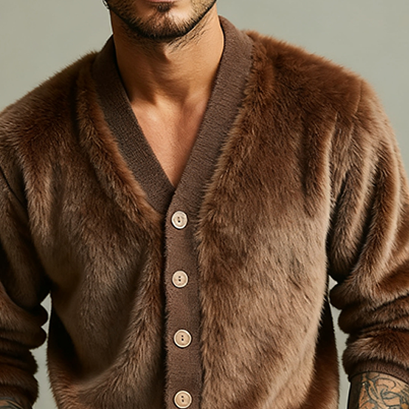 Men's Solid Color Faux Mohair V-Neck Loose Jacket MTA2261J9X
