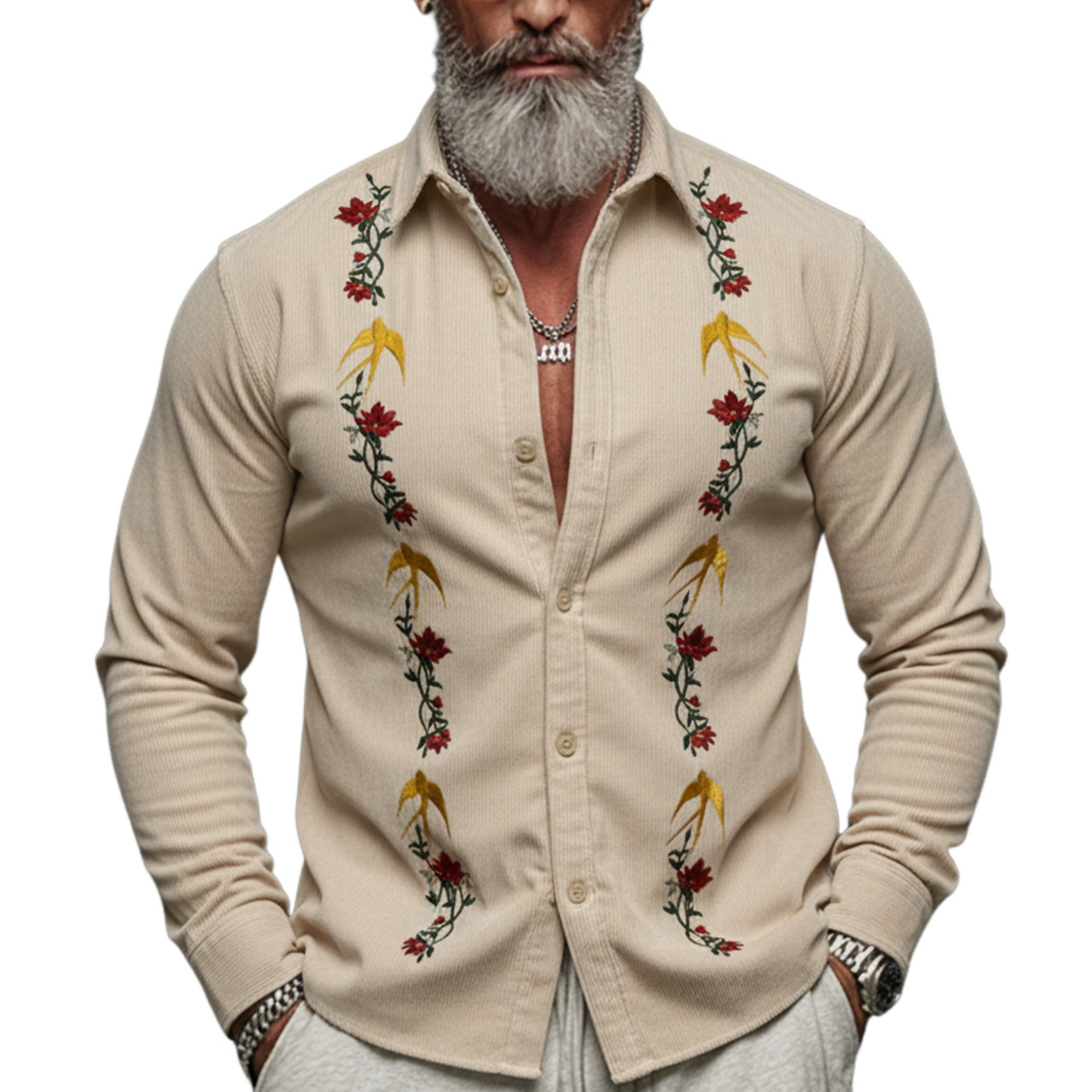 Men's Classic Vintage Embroidered Corduroy Long-sleeved Shirt MTA2235L9K