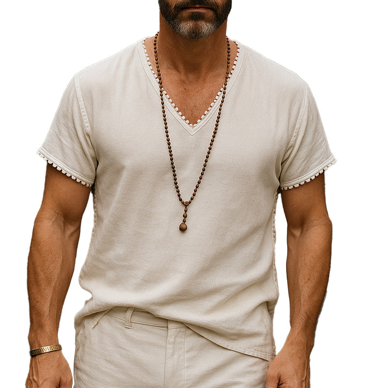 Men's Summer Breathable And Comfortable Linen Lace V-Neck Short-Sleeved T-Shirt MTA2338E1P