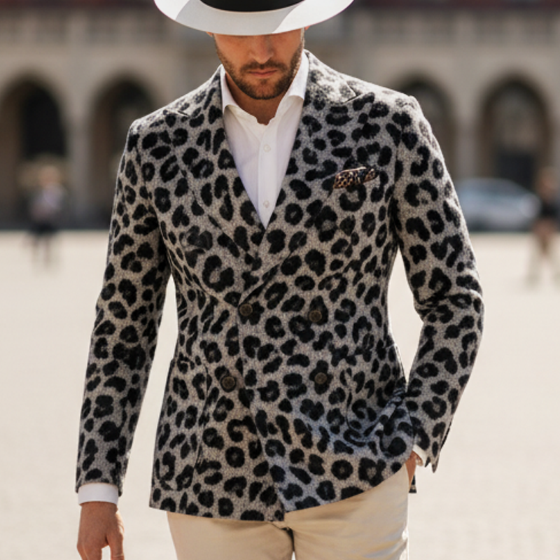 Men's Black And Grey Leopard Print Faux Wool Double-breasted Blazer MTA1897I4U