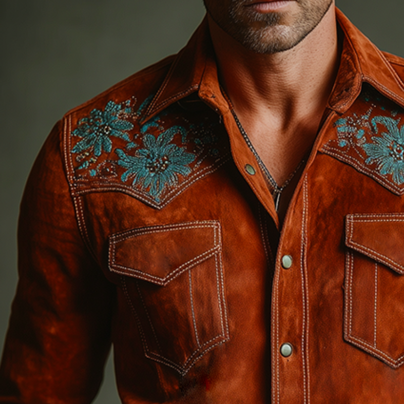 Men's Retro Casual Faux Suede Embroidered Lapel Long-Sleeve Shirt MTA2944J9TO