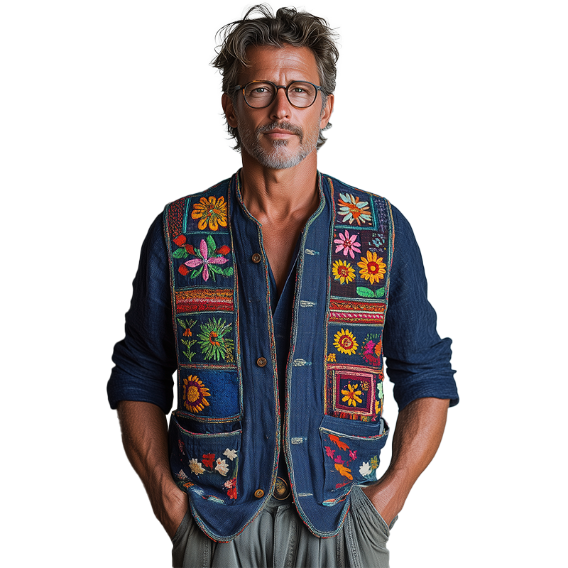 Men's Summer Fashion Premium Bohemian Embroidery Slub Linen Vest MTA2494F0P