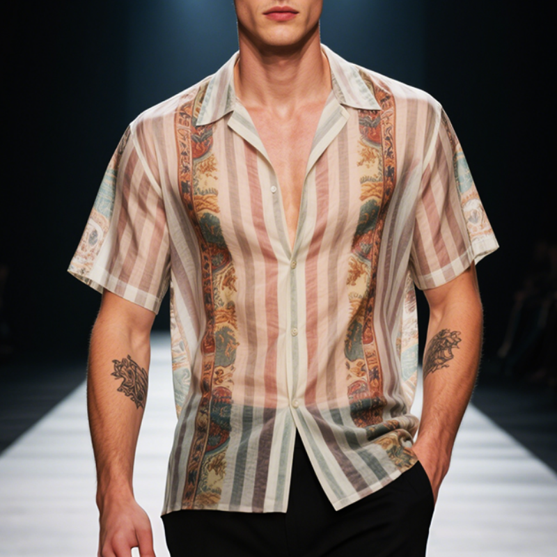 Men's Retro Casual Mesh Stripe Print Lapel Short Sleeve T-Shirt MTA2209E6TO