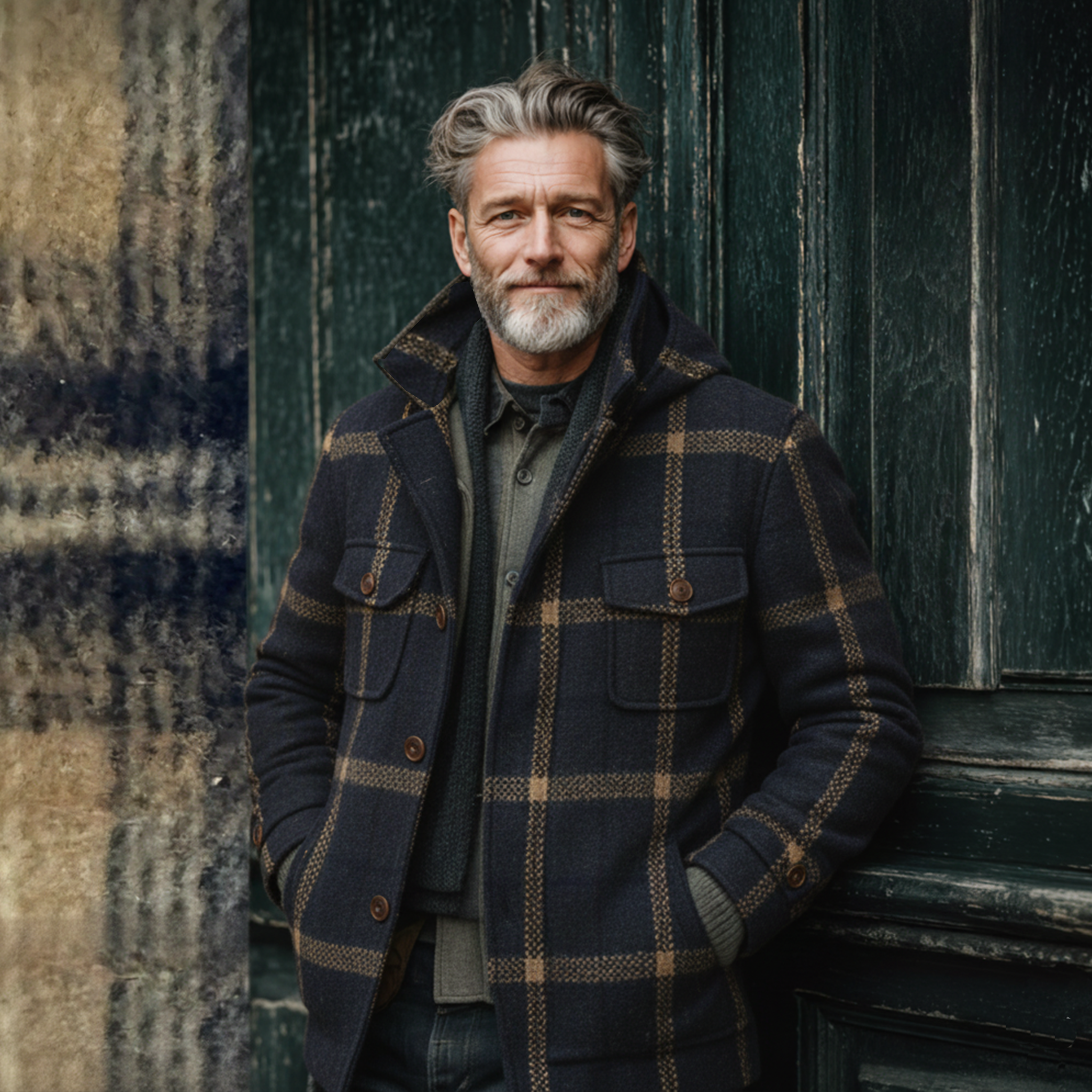 Men's Classic Retro Faux Plaid Wool Stand Collar Hooded Multi-Pocket Jacket MTA3033I3K