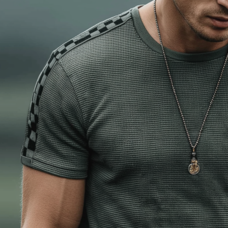 Men's Retro Casual Waffle Checkerboard Round Neck Short Sleeve T-Shirt MTA1869G7TO
