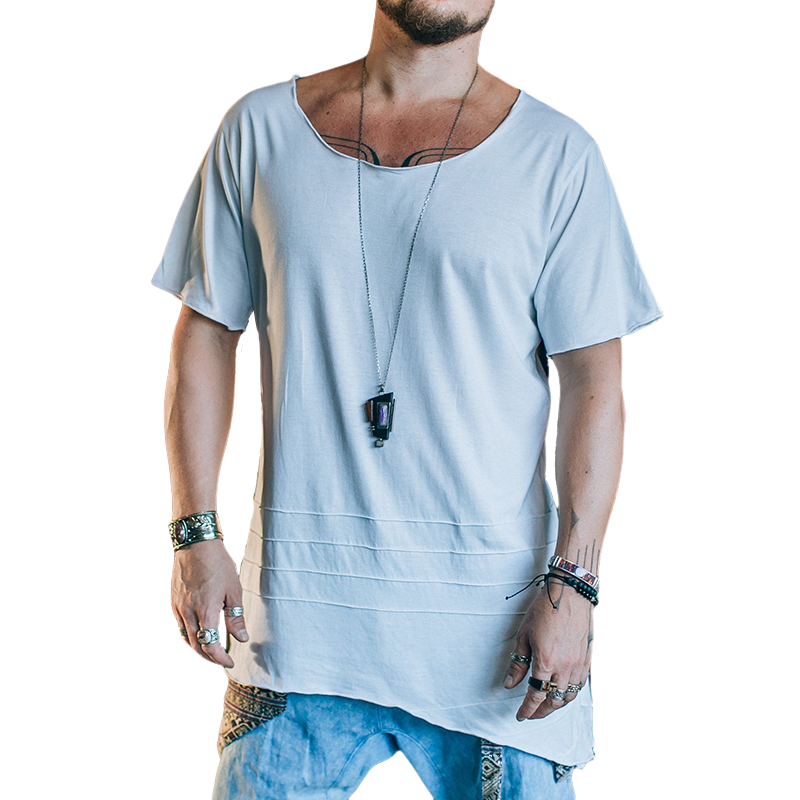 Men's Cotton Vintage Pleated Irregular Round Neck Short-sleeved T-shirt MTA0460G4TO