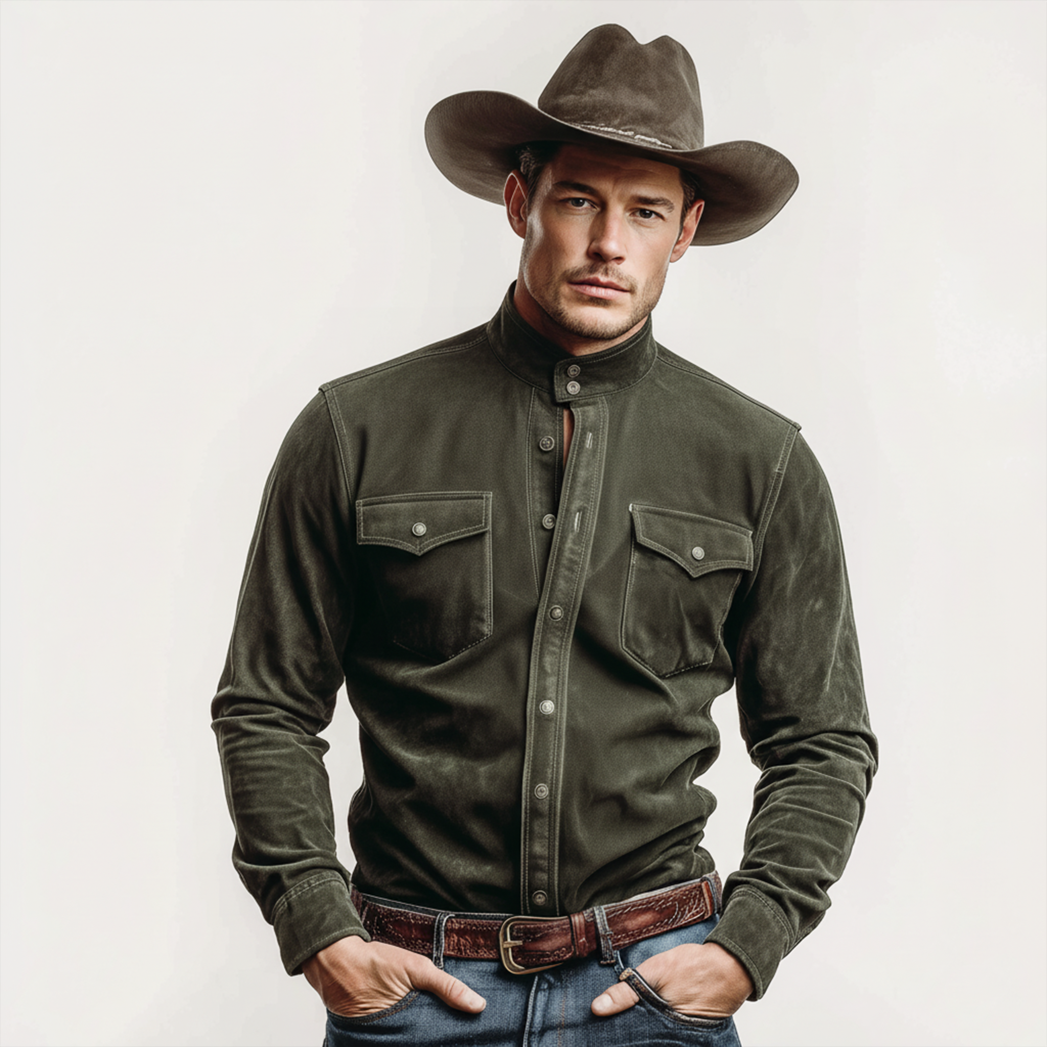 Men's Classic Retro Western Style Stand-up Collar Faux Suede Long-sleeved Shirt MTA1744K8K