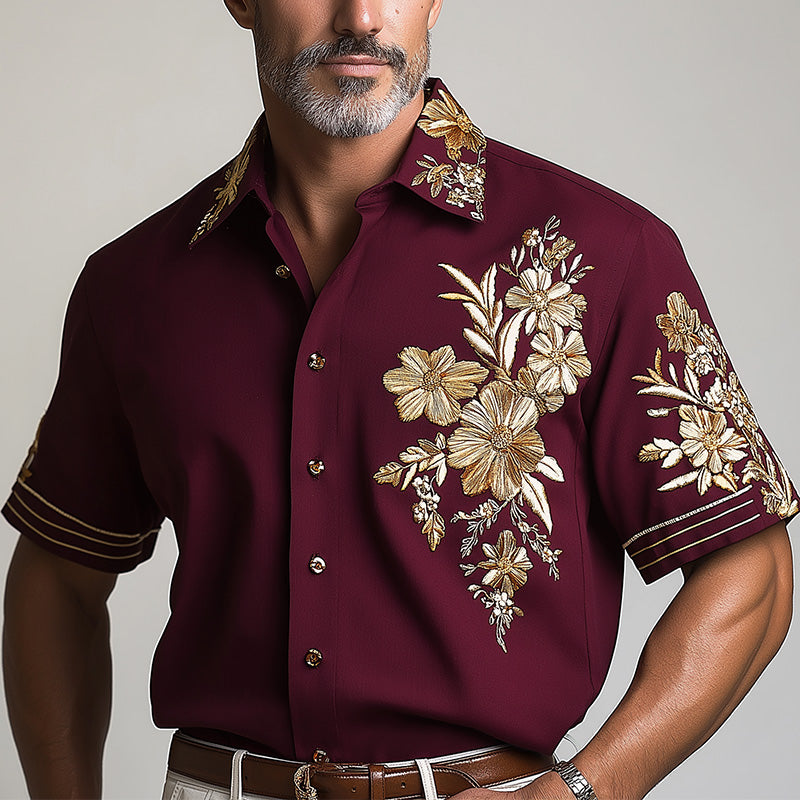Men's Summer Fashion Floral Embroidery Cotton And Linen Short Sleeve Shirt MTA1589E7P