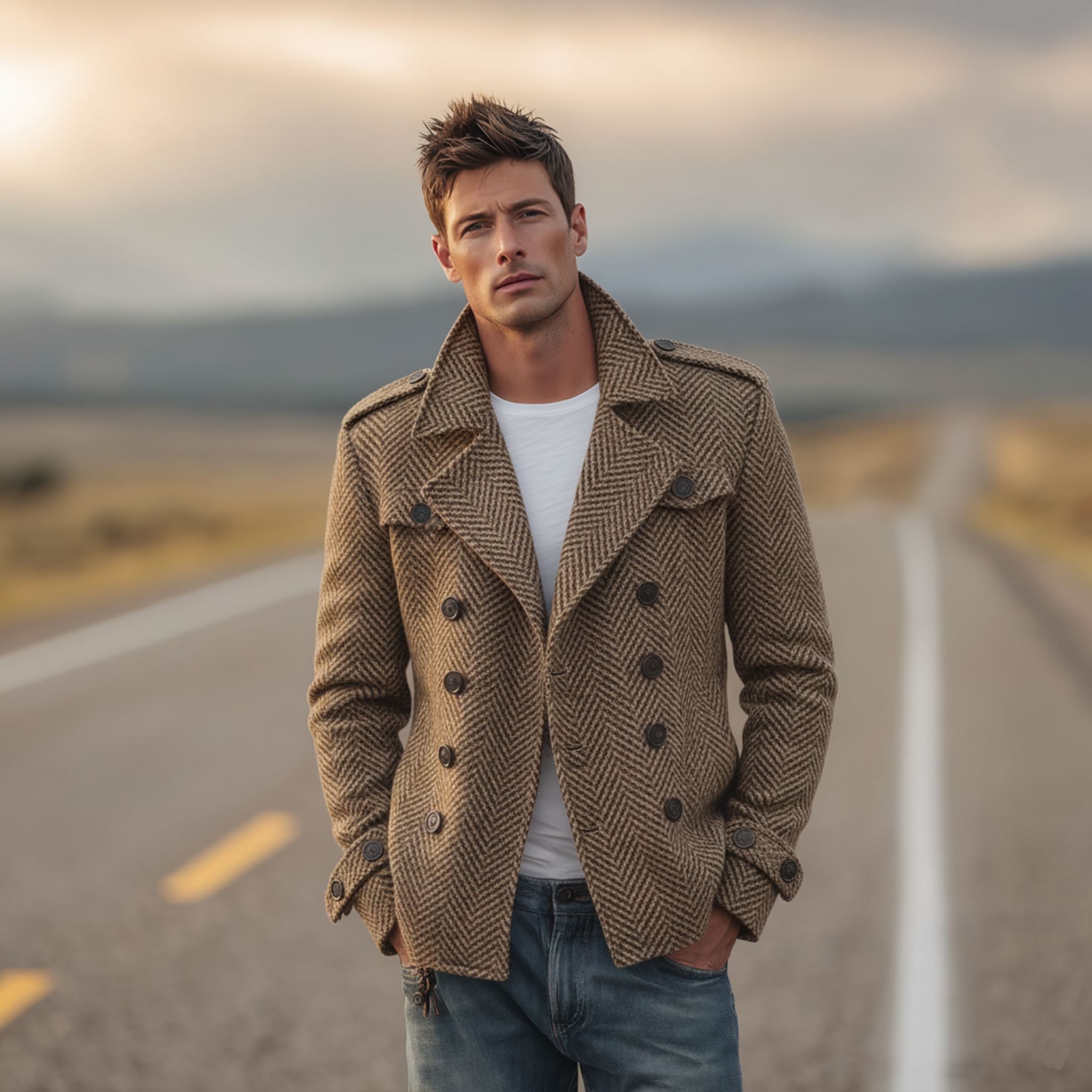 Men's Classic Vintage Western Style Faux Herringbone Wool Double Breasted Jacket MTA2547I6K