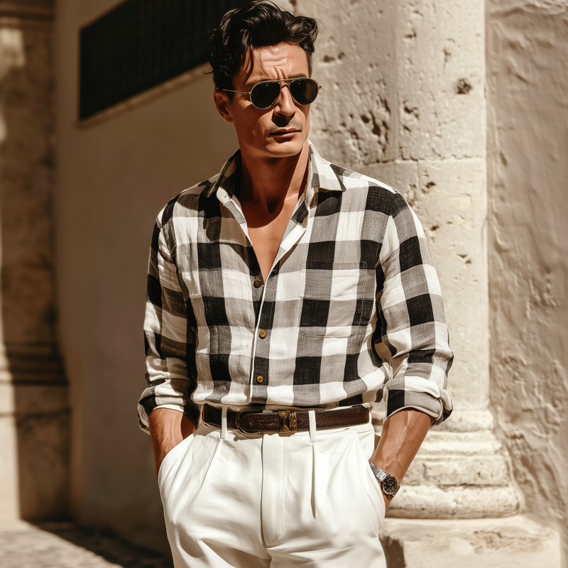 Men's Casual Breathable Cotton Plaid Lapel Patch Pocket Slim Fit Long Sleeve Shirt MTA2990G6M