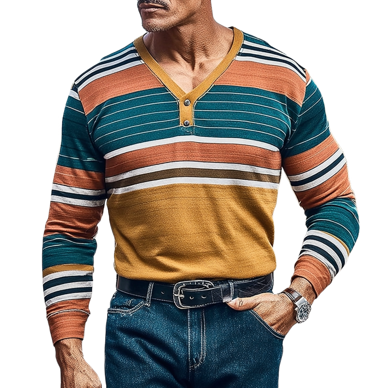 Men's Color Block Striped V-Neck Long-Sleeve T-Shirt MTA3054K4X