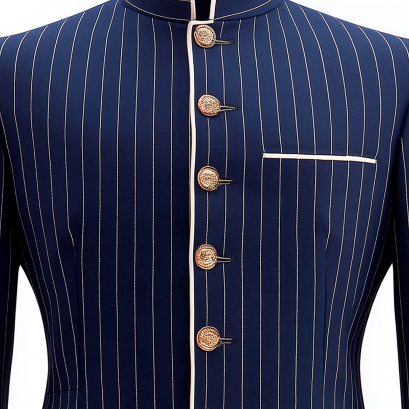 Men's Vintage Classic Cotton Blend Vertical Striped Stand Collar Single-breasted Metal Button Slim-fit Blazer MTA0485H3M