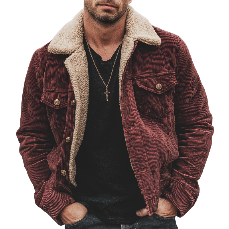Men's Dark Red Corduroy Warm Lambswool Lined Button Jacket MTA1395K2U
