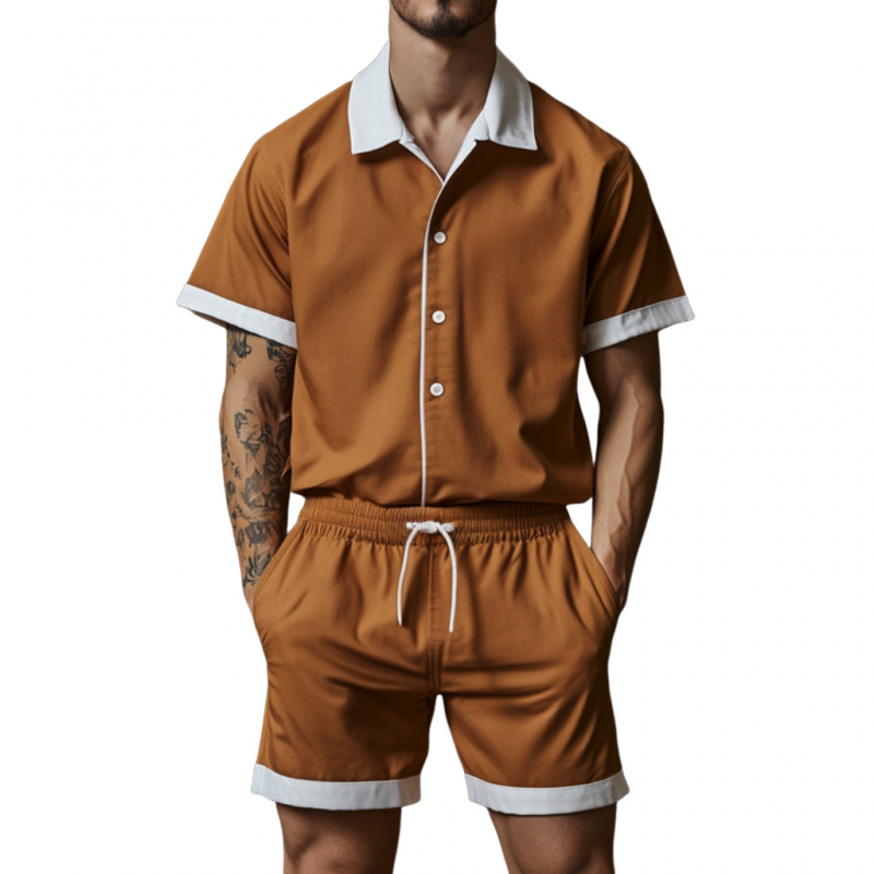 Men's Casual Cotton Blended Colorblock Lapel Loose Short Sleeve Shirt Elastic Waist Shorts Set MTA2649E6M