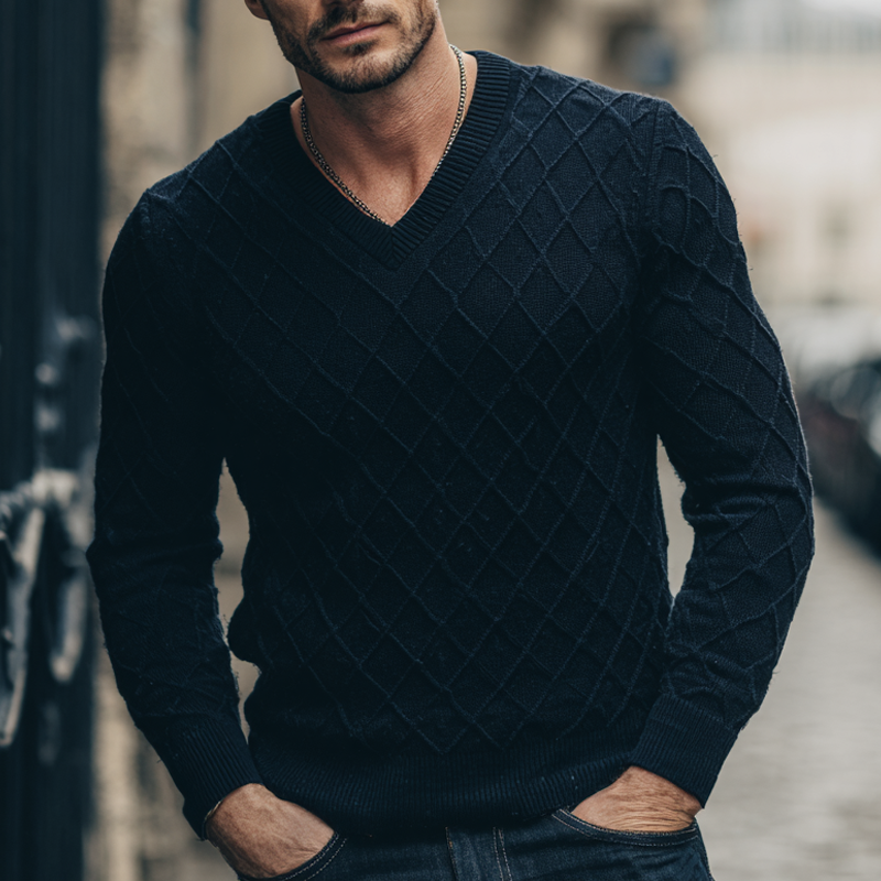Men's Solid Color Diamond Check Texture V-neck Pullover Sweater MTA1351H3X
