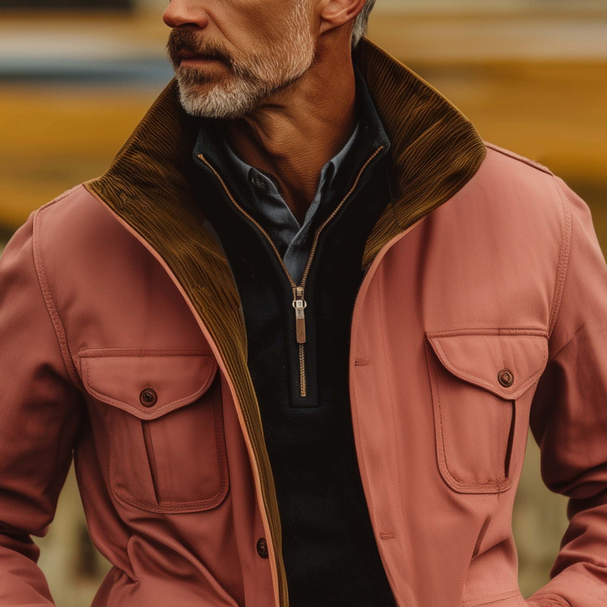 Men's Classic Western Retro Style Stand Collar Multi-pocket Pink Cotton Blend Jacket MTA0520I2K