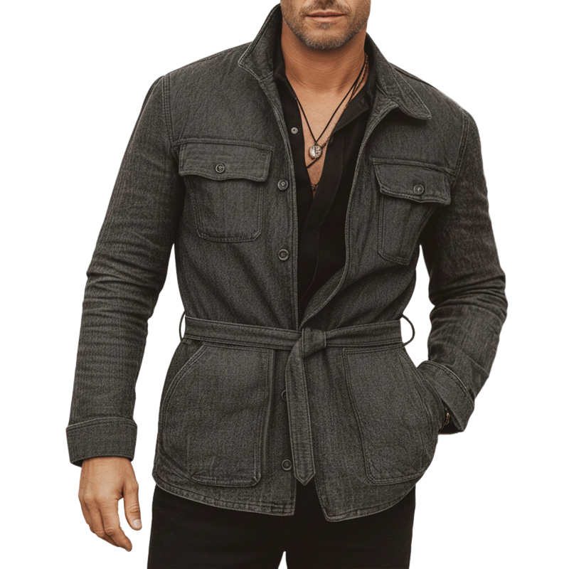 Men's Classic Elegant Dark Grey Blend Belt Laple Jacket MTA3019L5U