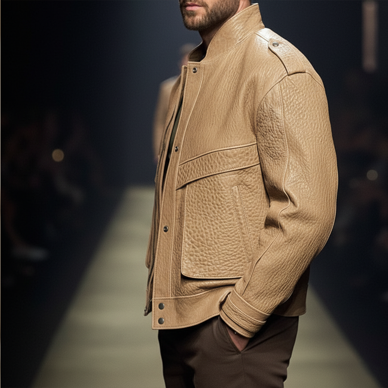 Men's Urban Fashion Stand Collar Textured PU Leather Jacket MTA1985K6U