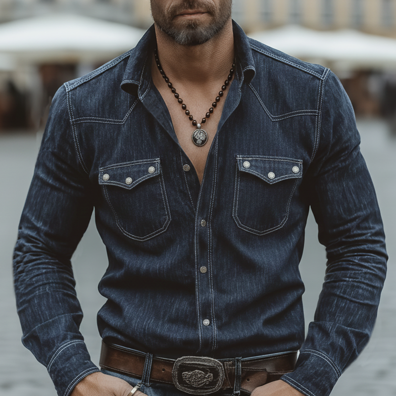 Men's Vintage Slightly Stretchy Denim Long-sleeved Shirt MTZ0902A0U