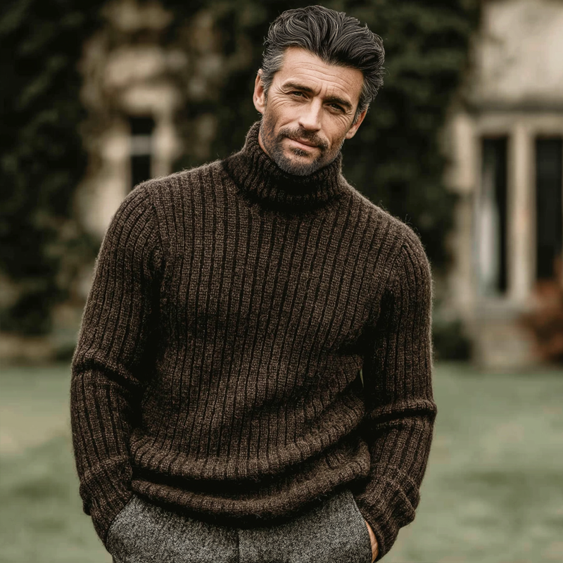 Men's Classic Vintage Dark Brown Turtleneck Ribbed Sweater MTA2750K1U