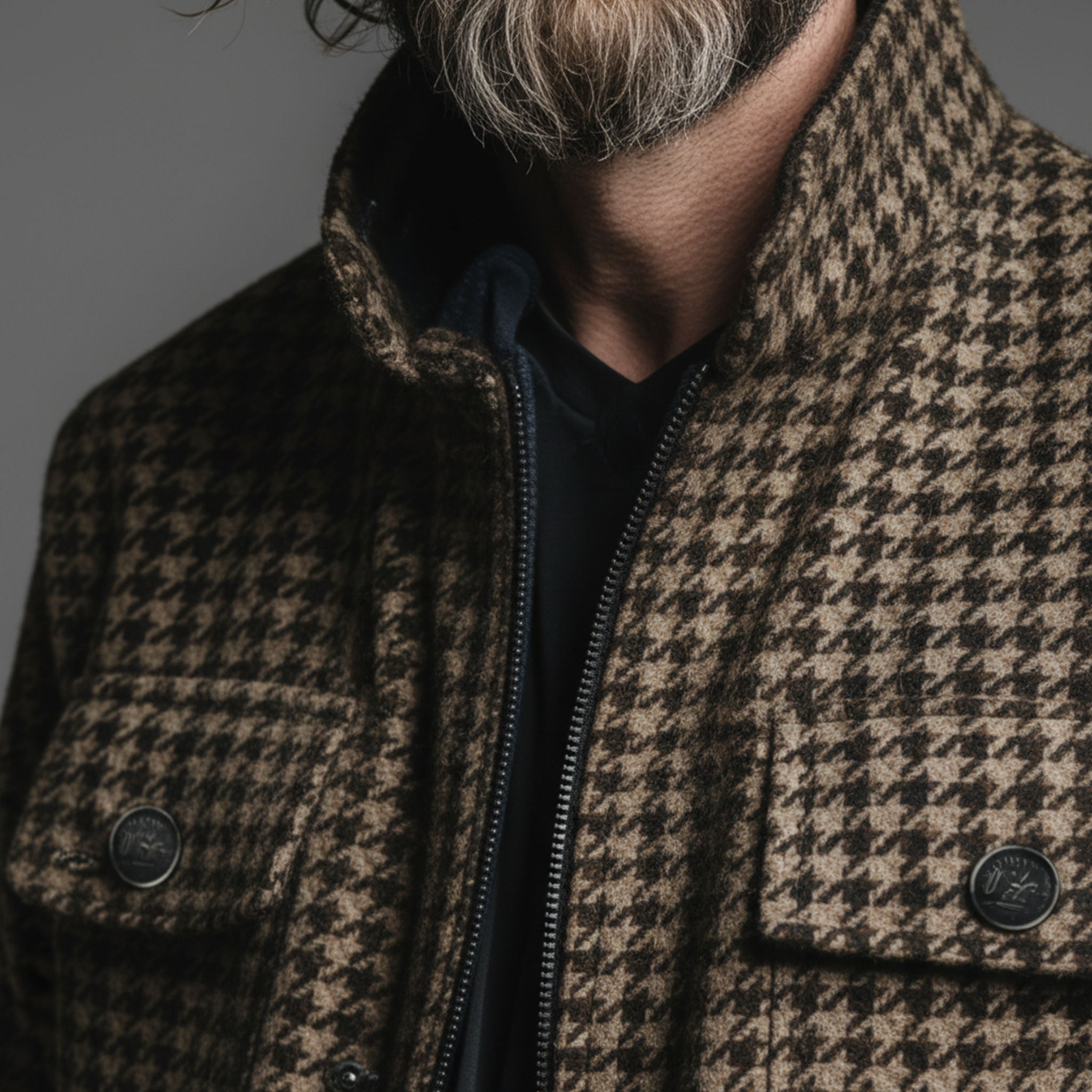 Men's Classic Casual Stand Collar Faux Houndstooth Wool Multi-pocket Zipper Jacket MTA1347J4K