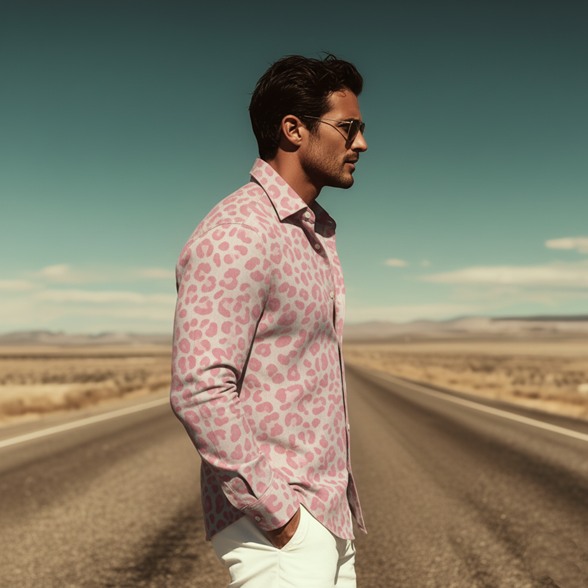 Men's Classic Casual Denim Leopard Print Long-sleeved Shirt MTA1904L0K