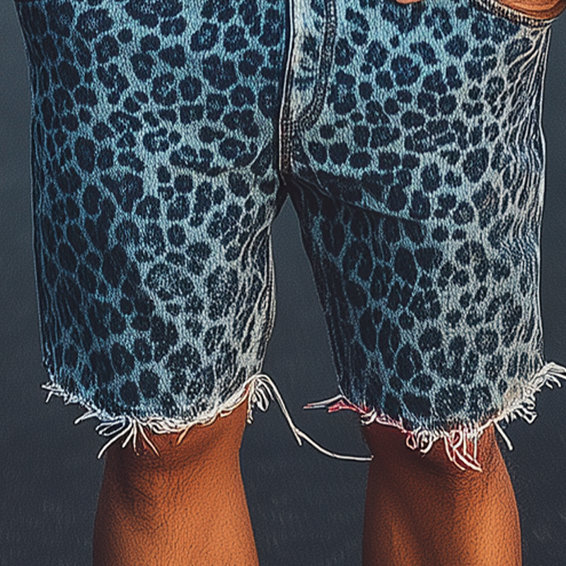 Men's Spring And Summer Fashion Retro Western Cowboy Style Washed Denim Leopard Print Loose Trousers Raw Edge Casual Shorts MTA1378E3K