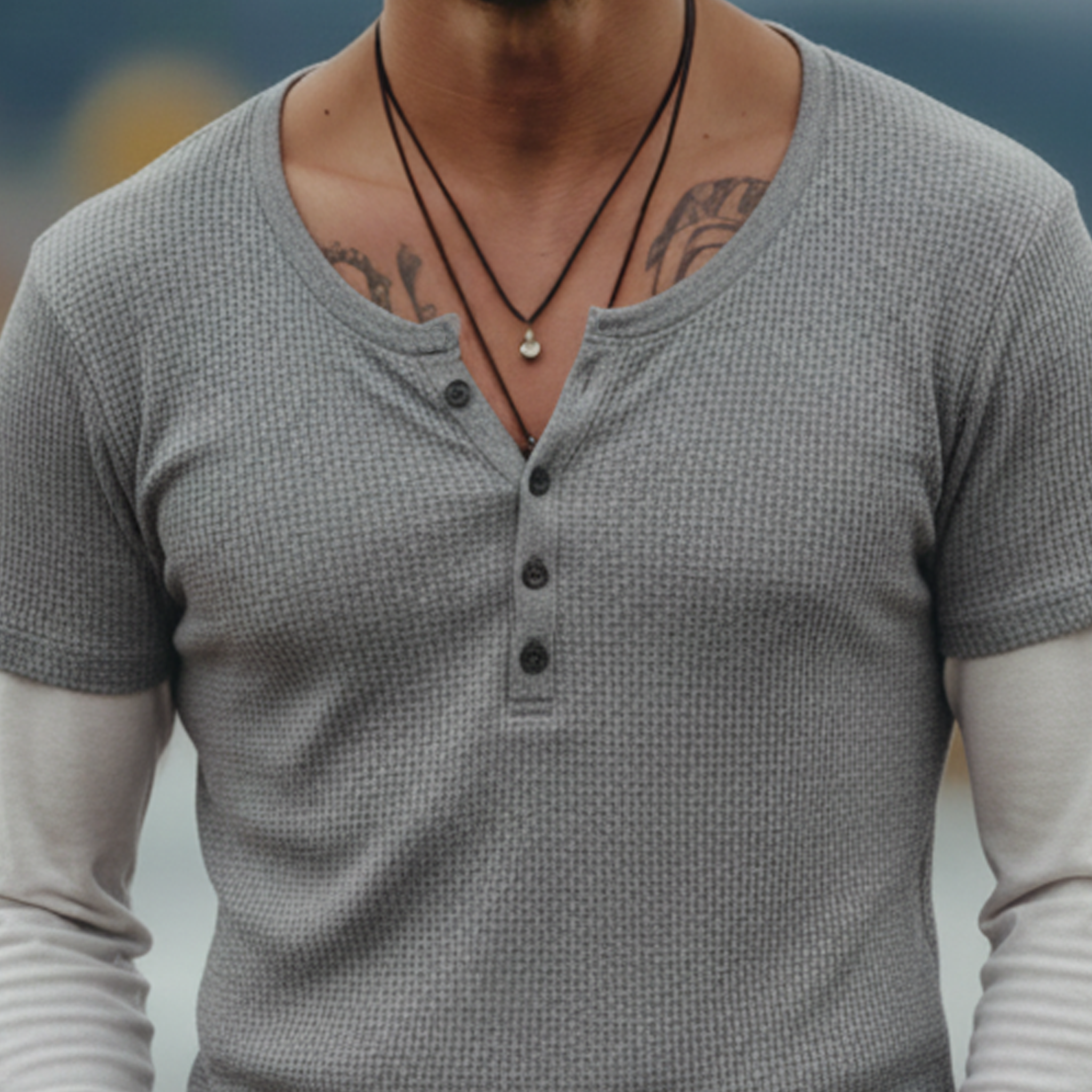 Men's Classic Casual Henley Neck Waffle Knit Cotton Blend Faux Two-piece Long-sleeved T-shirt MTA2349L7K