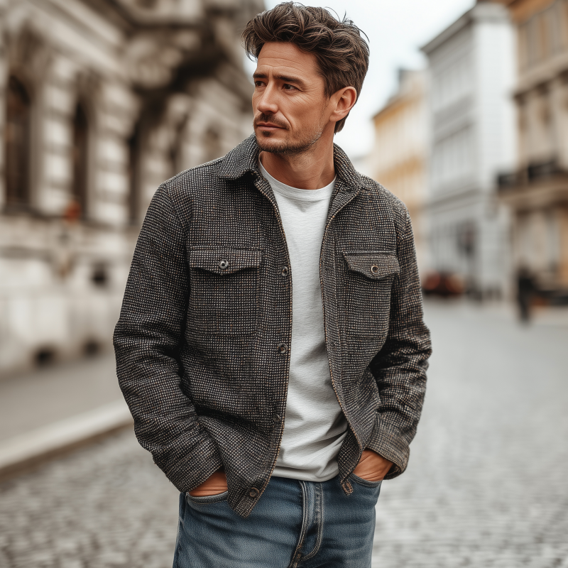 Men's Fashion Plaid Lapel Chest Pocket Single Breasted Slim Fit Western Long Sleeve Shirt Jacket MTA1739G6M