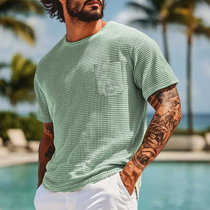 Men's Solid Color Waffle Round Neck Short Sleeve T-Shirt MTA2633E6X