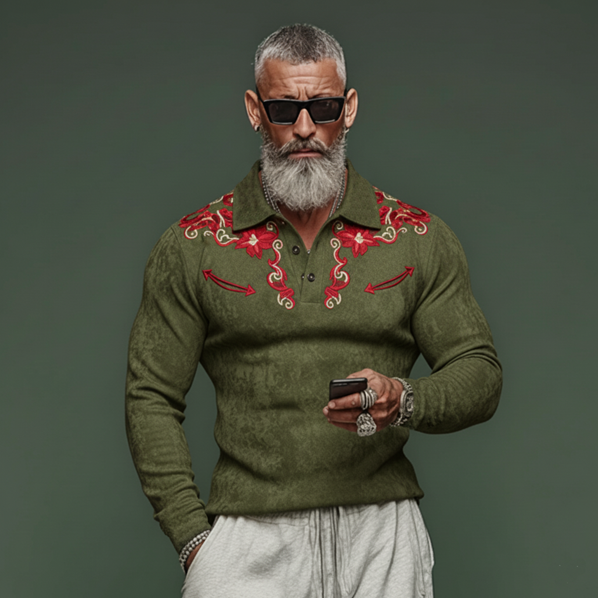 Men's Casual Western Rugged Style Embroidered Faux Suede Long-Sleeve Polo Shirt MTA2786K2K