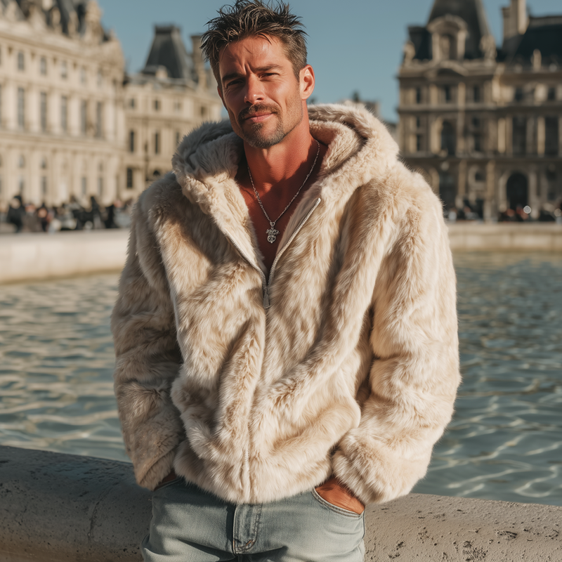 Men's Urban Beige Velvet-Soft Plush Faux Fur Hooded Jacket MTA0751K7U