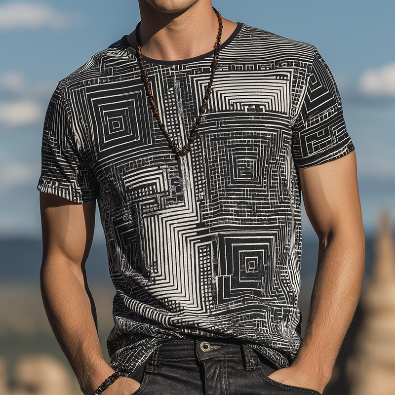 Men's Retro Casual Shabby Mosaic Printed Round Neck Short Sleeve T-Shirt MTA1830G4TO