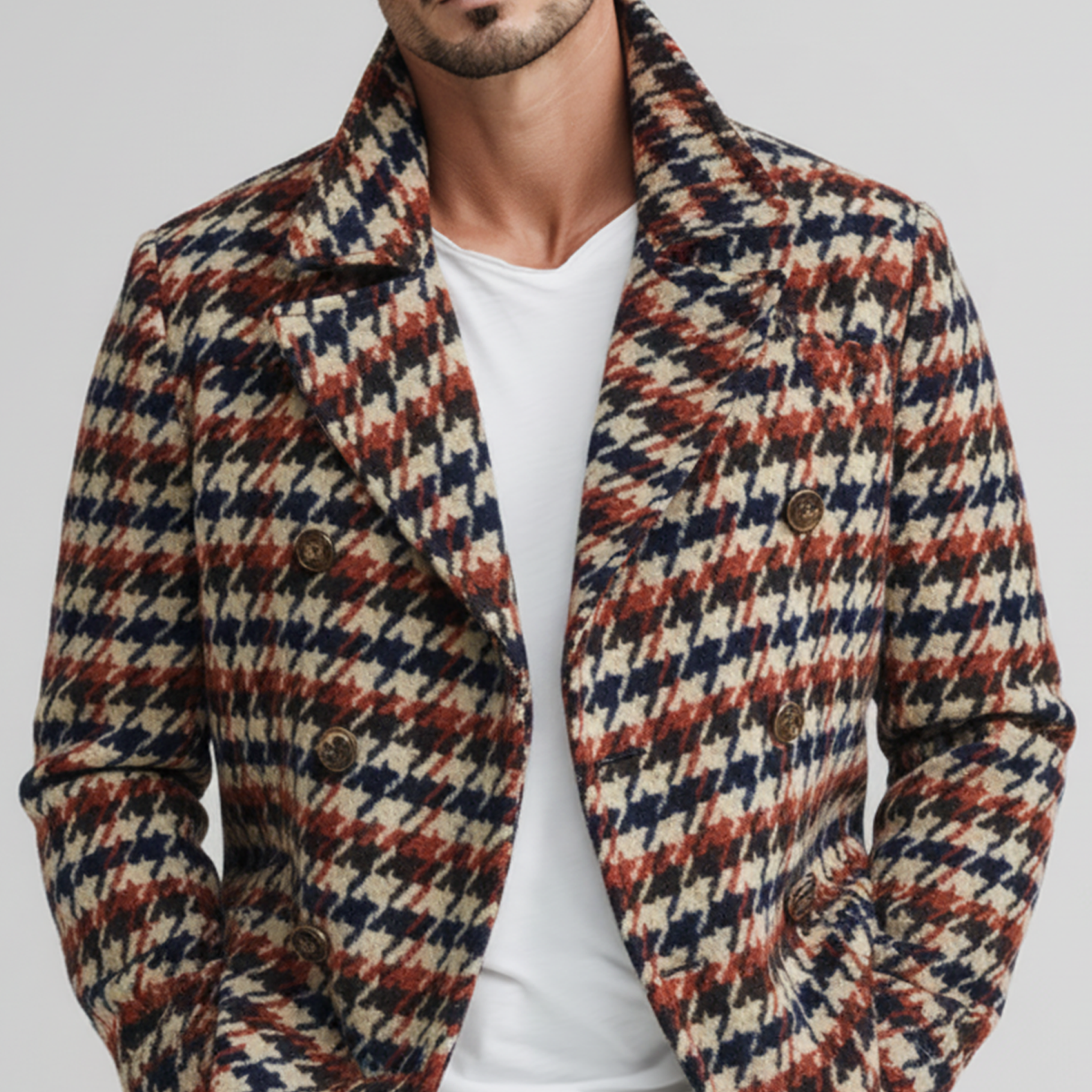 Men's Classic Retro Lapel Houndstooth Faux Wool Double-breasted Jacket MTA1856I5K