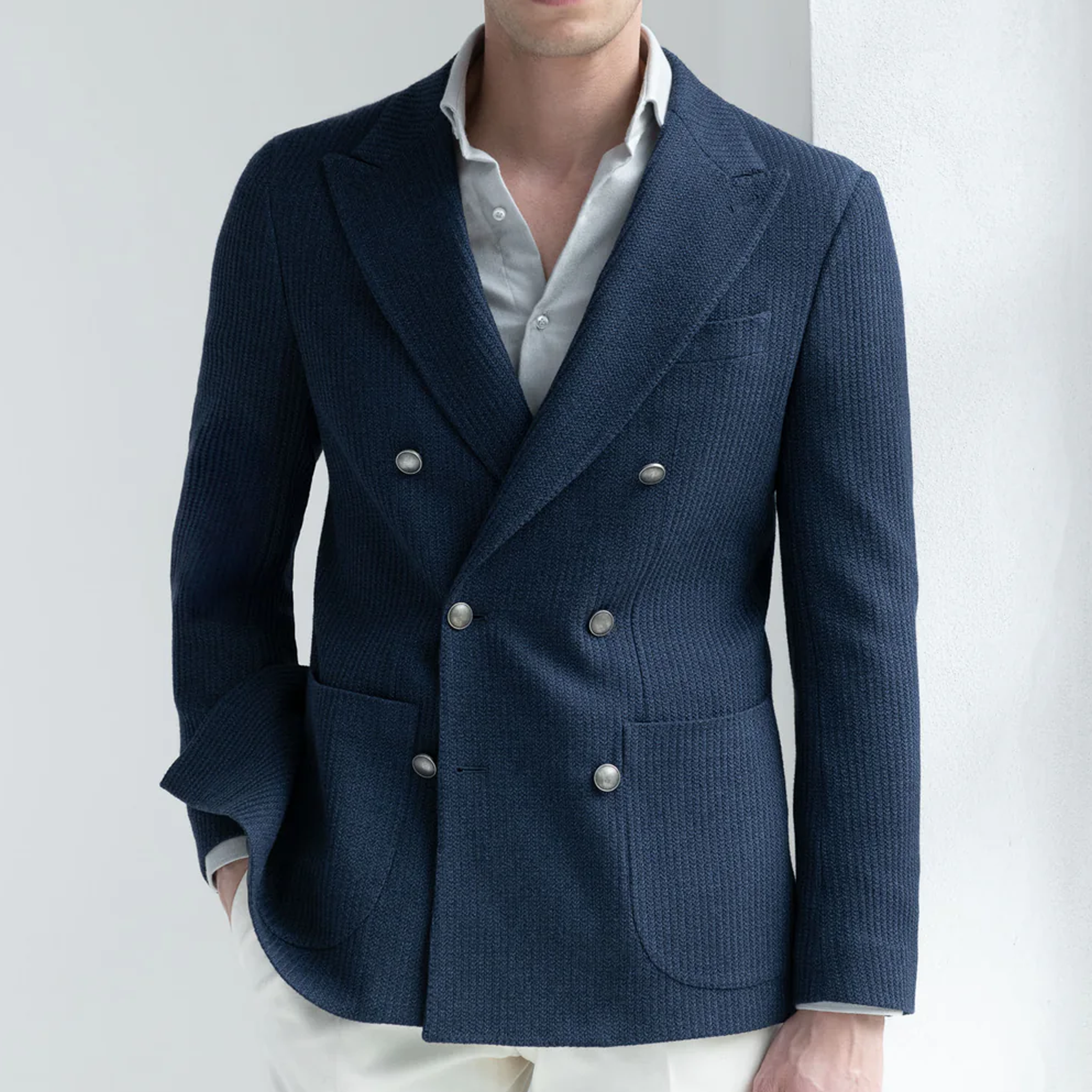 Men's Classic Light Business Textured Cotton Blend Double-breasted Blazer MTA1905I2K