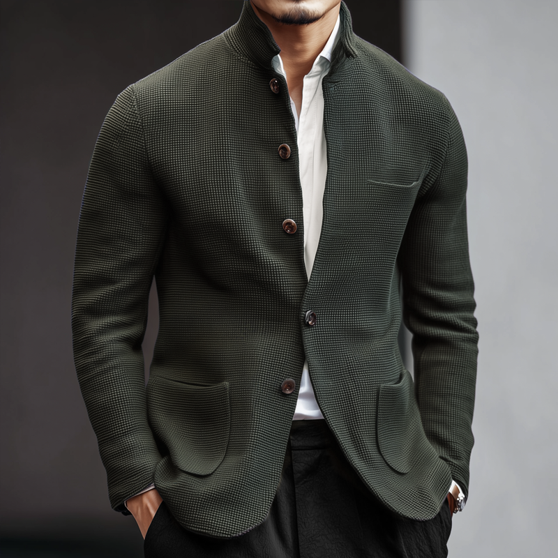 Men's Woven Textured Plaid Stand Collar Single-Breasted Jacket MTA2843H3Z