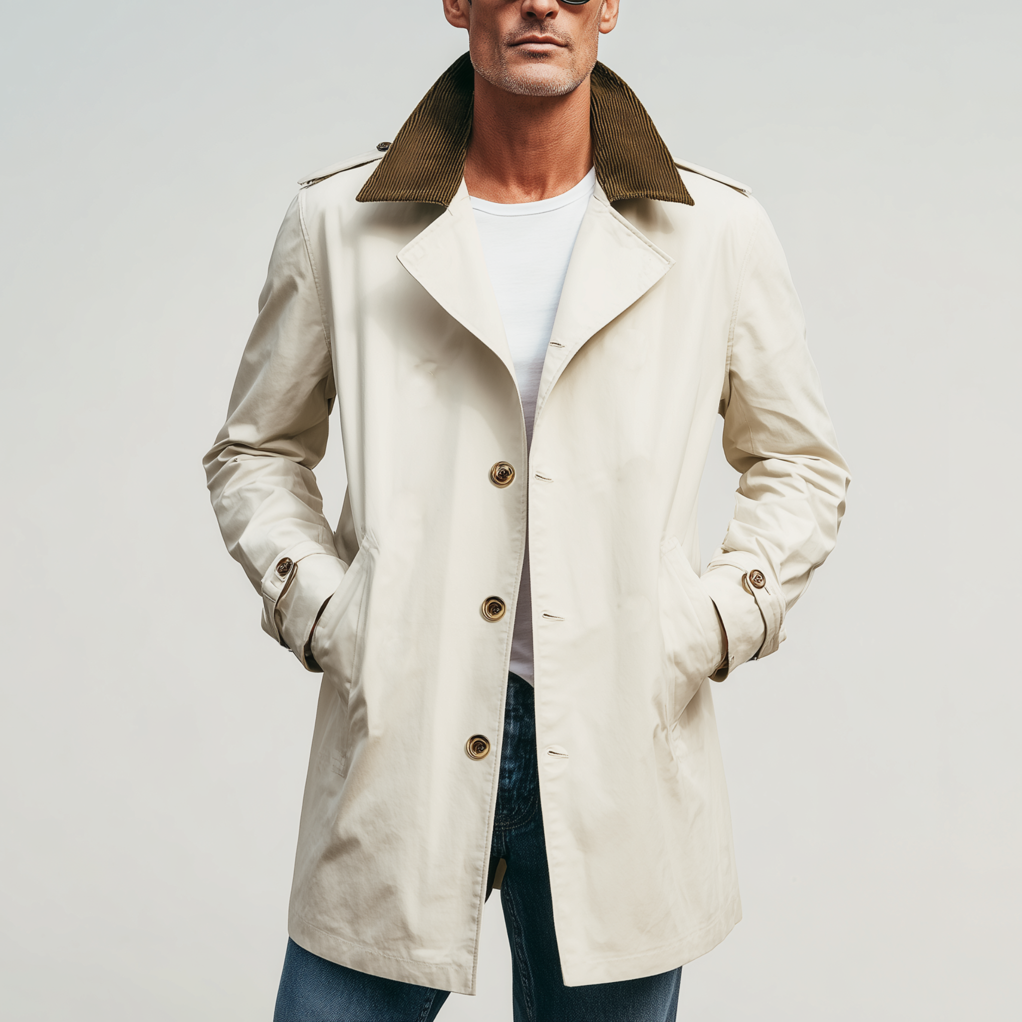 Men's Classic Casual Corduroy Lapel Single-breasted Twill Cotton Thigh-length Trench Coat MTA1346H1K