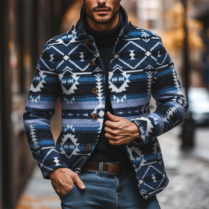 Men's Bohemian Ethnic Style Jacquard Blend Jacquard Lapel Mid-length Coat MTA1458J1X