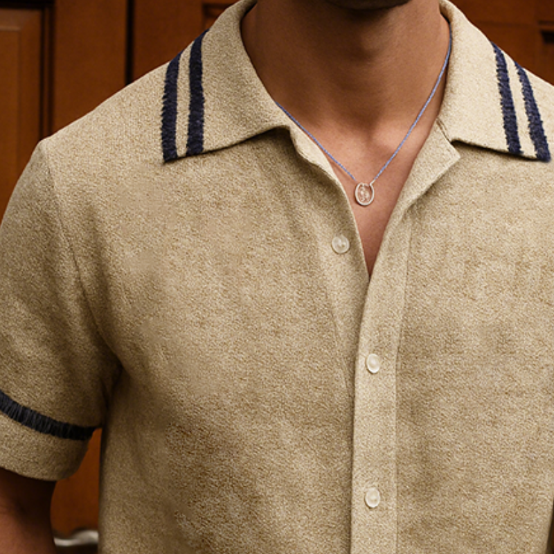 Men's Retro Casual Suede Striped Print Lapel Short Sleeve Shirt MTA2289G8TO