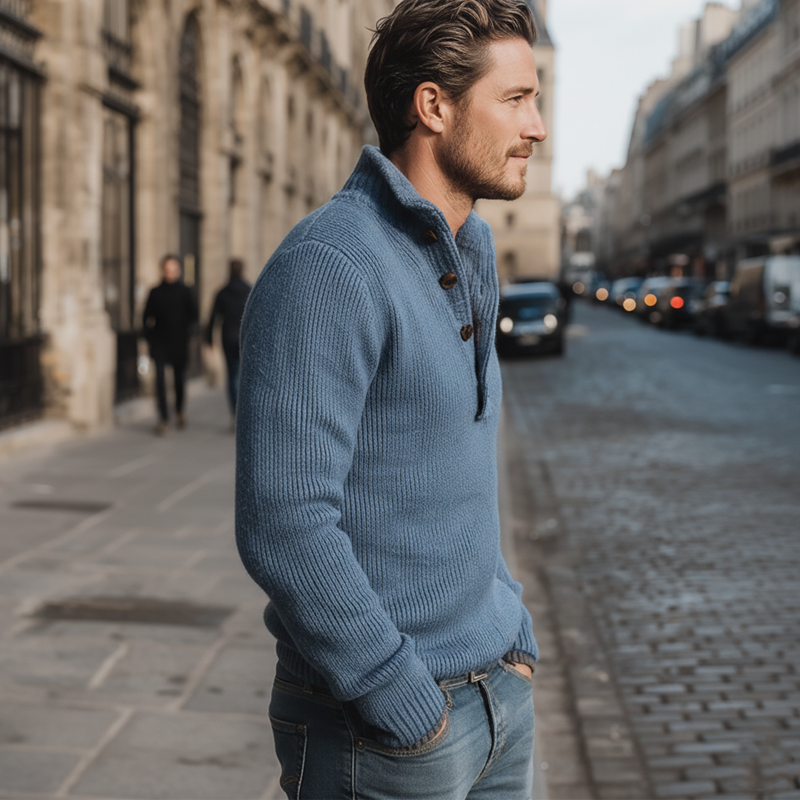 Men's Retro Blue Stand Collar Knitted Pullover Sweater MTA1625J4U